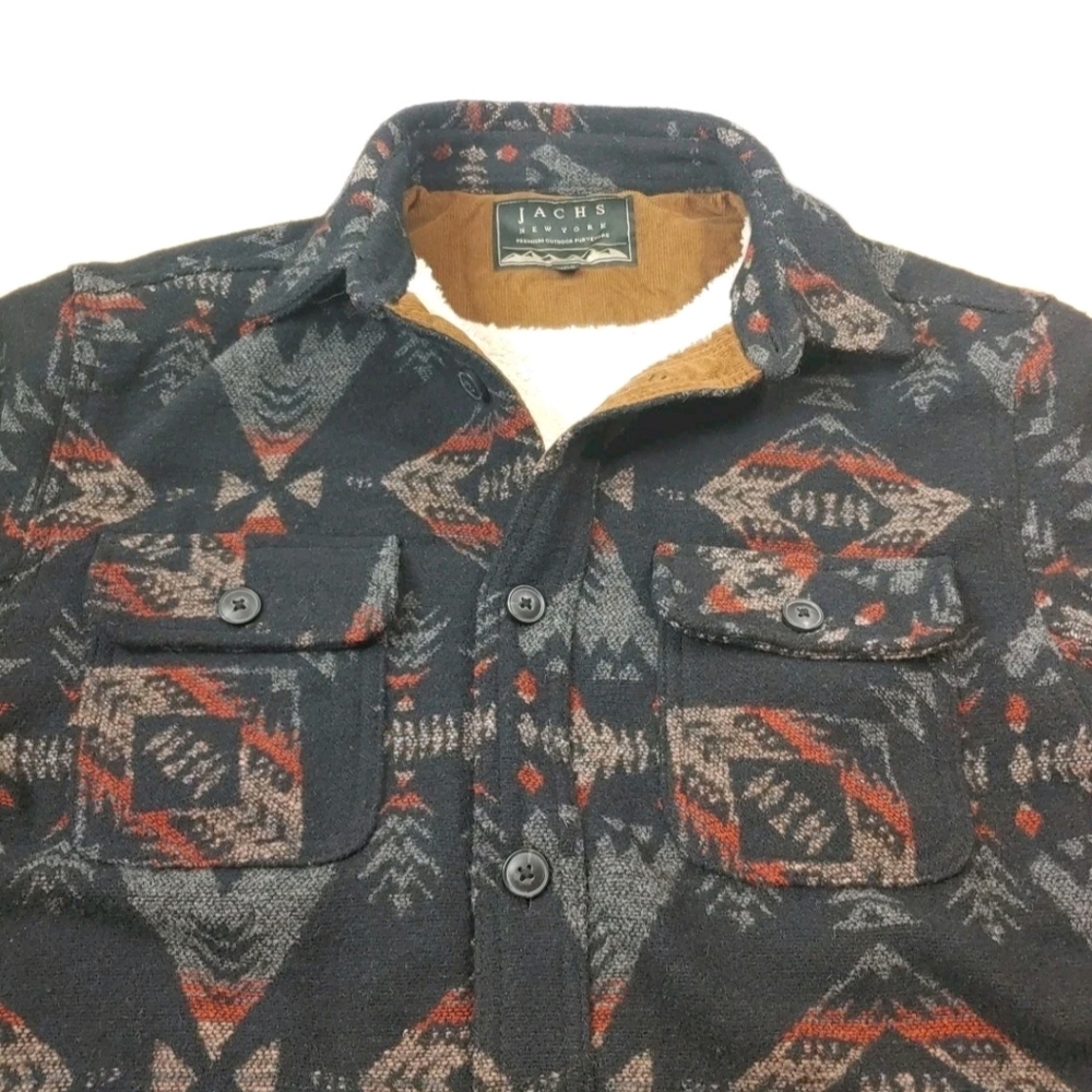 Jachs Shirt Jacket Large Black Geometric Wool Blend Sherpa Lined Button Shacket